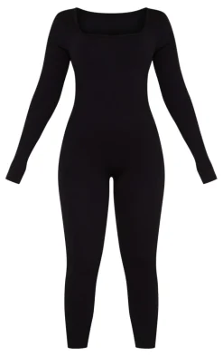 Black Snatched Rib Square Neck Long Sleeve Jumpsuit
