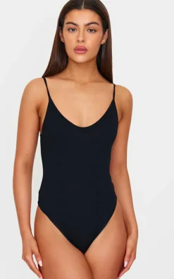 Black Snatched Rib Strappy Bodysuit