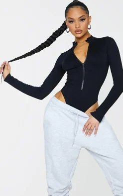Black Snatched Rib Zip Up Long Sleeve Bodysuit
