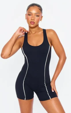 Black Snatched Sculpt Contrast Binding Scoop Neck Unitard