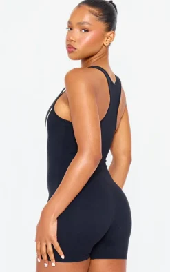 Black Snatched Sculpt Contrast Binding Scoop Neck Unitard