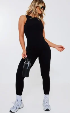 Black Snatched Sculpt Racer Neck Jumpsuit