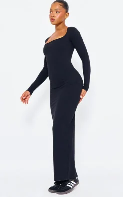 Black Snatched Sculpt Square Neck Midaxi Dress