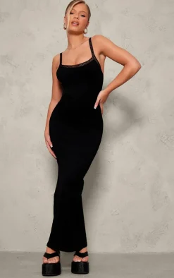 Black Snatched Sculpt Strappy Lace Midaxi Dress
