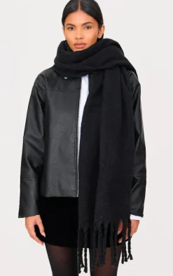 Black Soft Blanket Tassel Scarf