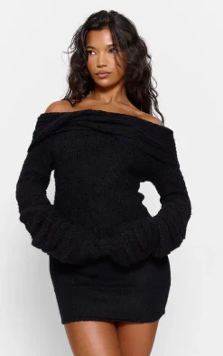 Black Soft Bobble Knit Bardot Foldover Top