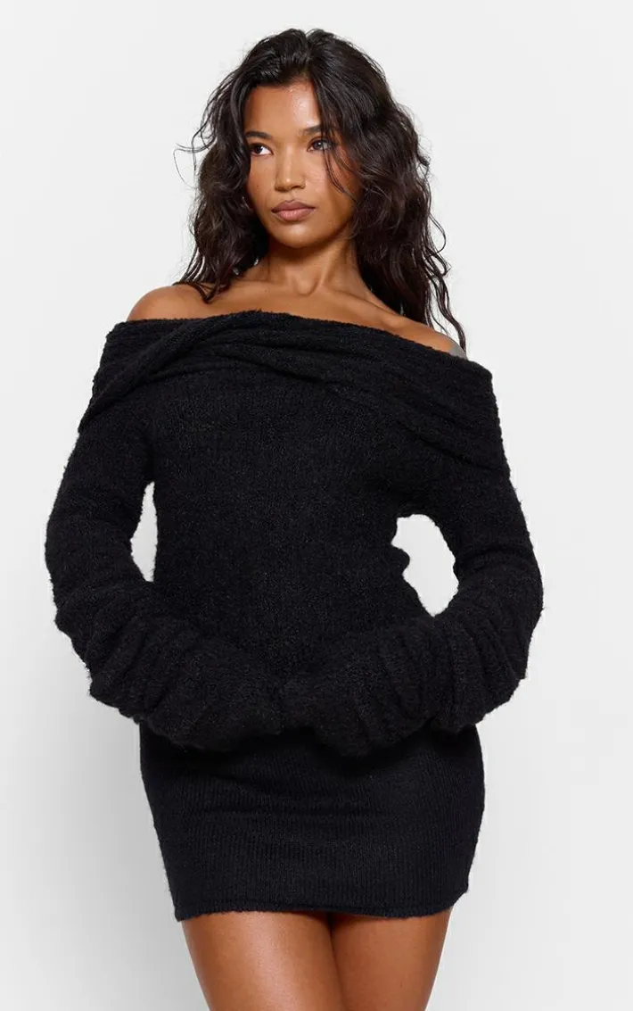 Black Soft Bobble Knit Bardot Foldover Top