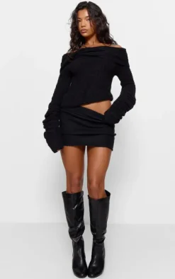 Black Soft Bobble Knit Bardot Foldover Top