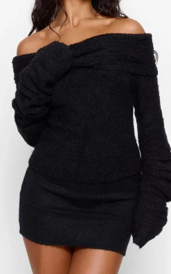 Black Soft Bobble Knit Bardot Foldover Top