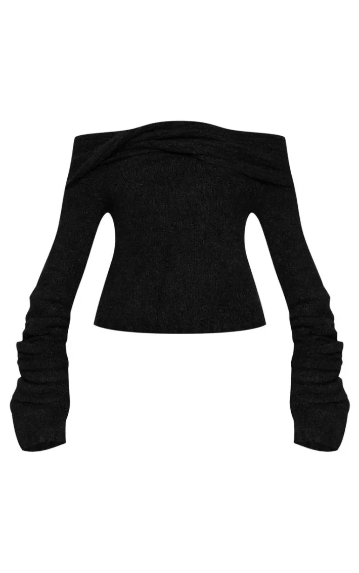 Black Soft Bobble Knit Bardot Foldover Top