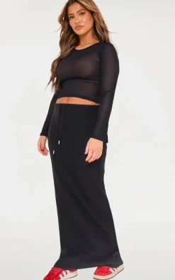 Black Soft Brushed Rib Drawstring Waist Maxi Skirt