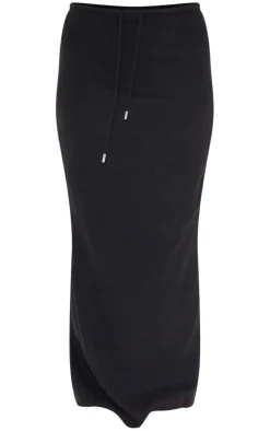 Black Soft Brushed Rib Drawstring Waist Maxi Skirt