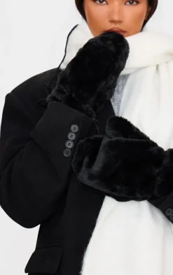 Black Soft Faux Fur Attached Mittens