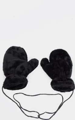 Black Soft Faux Fur Attached Mittens