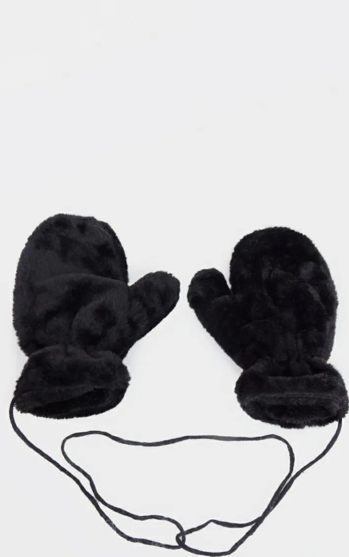 Black Soft Faux Fur Attached Mittens