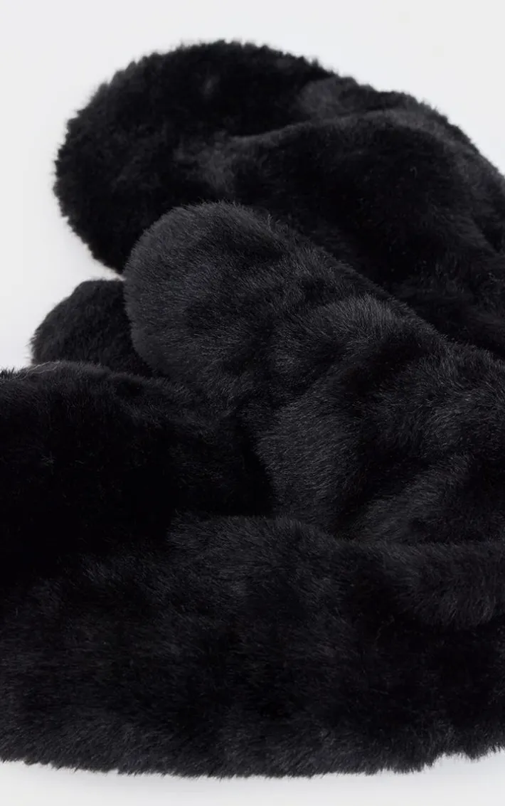 Black Soft Faux Fur Attached Mittens