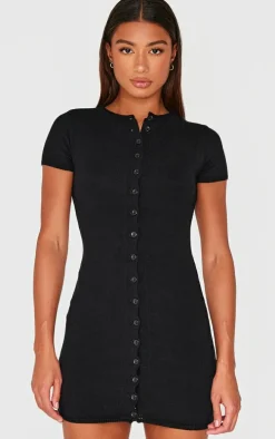 Black Soft Knit Button Through Mini Dress