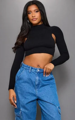 Black Soft Knit Cut Out Crop Sweater