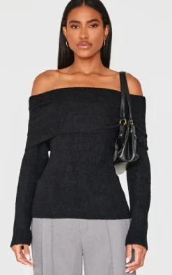 Black Soft Knit Foldover Bardot Top