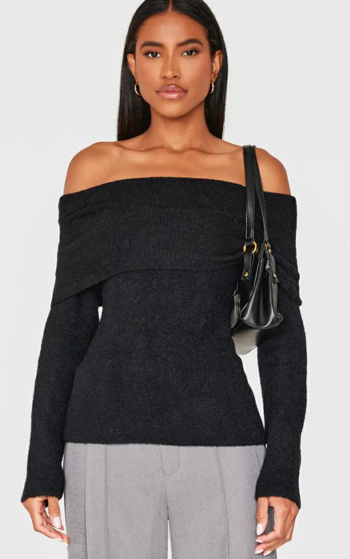 Black Soft Knit Foldover Bardot Top