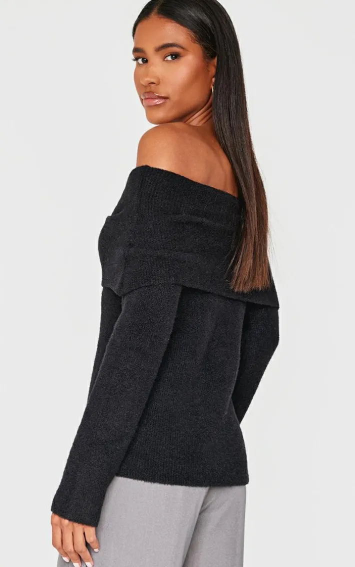 Black Soft Knit Foldover Bardot Top