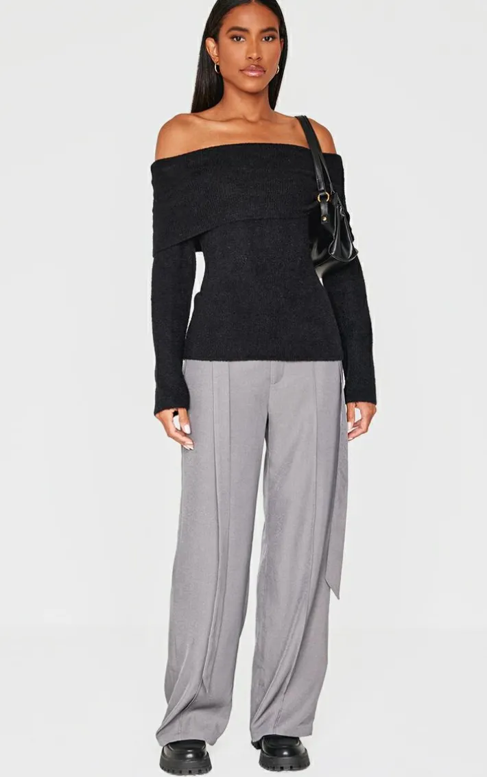 Black Soft Knit Foldover Bardot Top