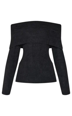 Black Soft Knit Foldover Bardot Top