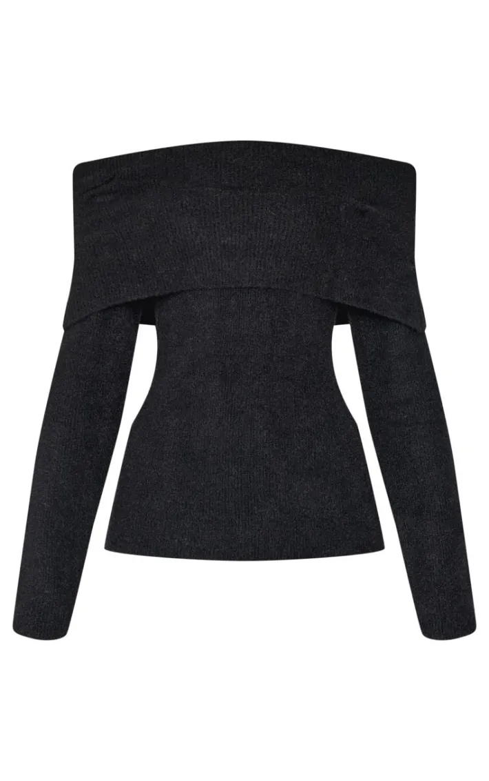 Black Soft Knit Foldover Bardot Top