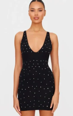 Black Soft Knit Gem Detail Plunge Mini Dress