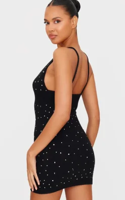 Black Soft Knit Gem Detail Plunge Mini Dress
