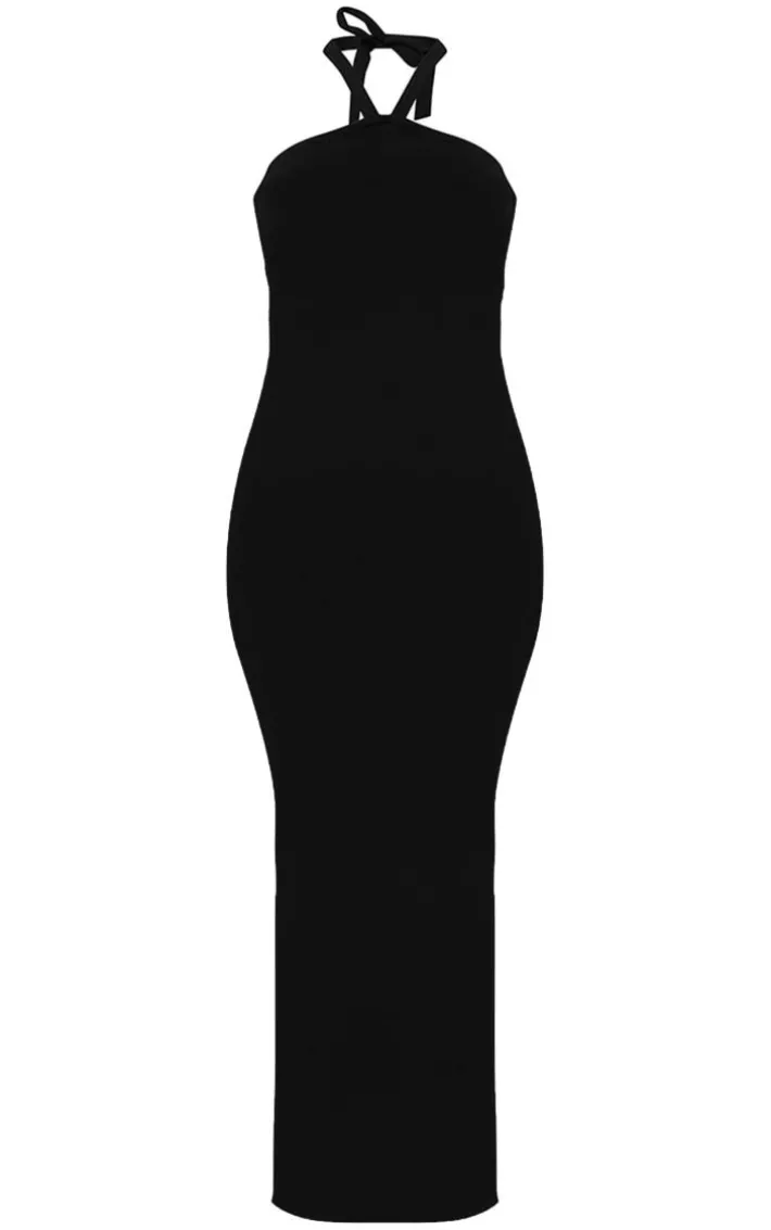 Black Soft Knit Halter Tie Maxi Dress