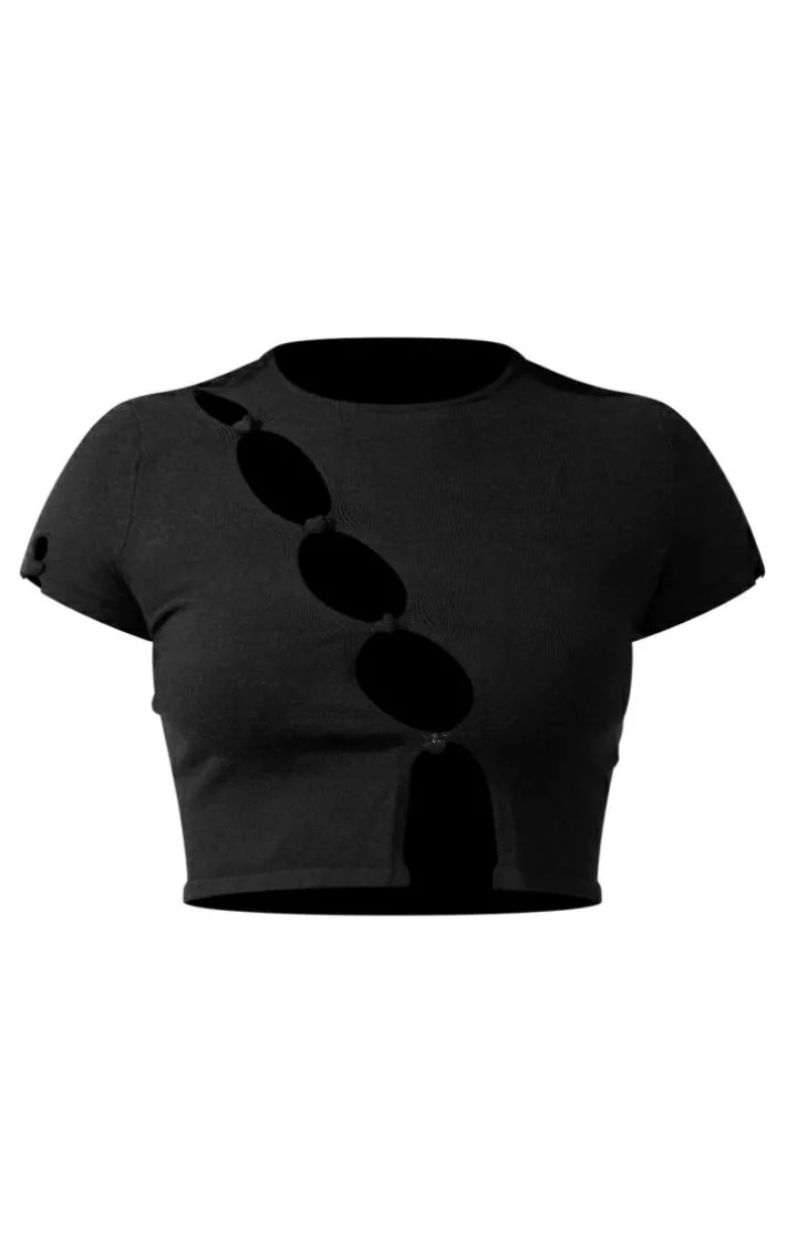 Black Soft Knit Heart Trim Asymmetric Detail Crop Top