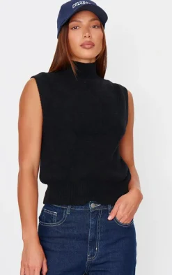 Black Soft Knit High Neck Sweater Vest