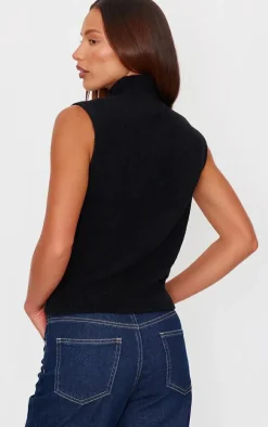 Black Soft Knit High Neck Sweater Vest