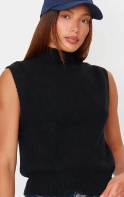 Black Soft Knit High Neck Sweater Vest