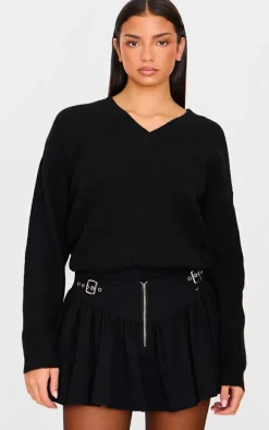 Black Soft Knit V Neck Oversized Sweater