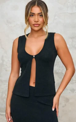 Black Soft Rib Button Front Vest