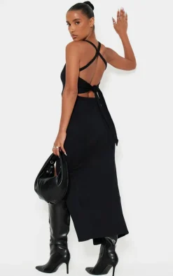 Black Soft Rib Cut Out Tie Back Midaxi Dress