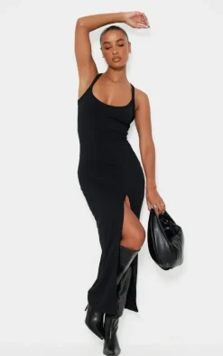 Black Soft Rib Cut Out Tie Back Midaxi Dress