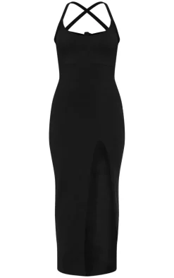 Black Soft Rib Cut Out Tie Back Midaxi Dress