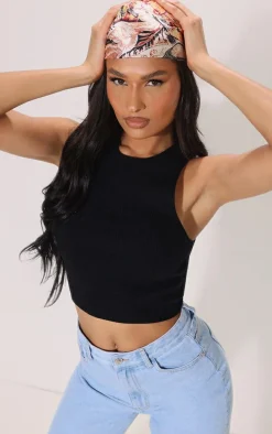 Black Soft Rib Knit Racer Tank Top