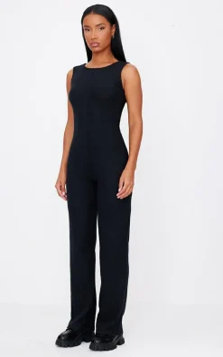 Black Soft Rib Wide Leg Racer Neck Jumpsuit
