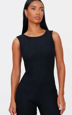Black Soft Rib Wide Leg Racer Neck Jumpsuit