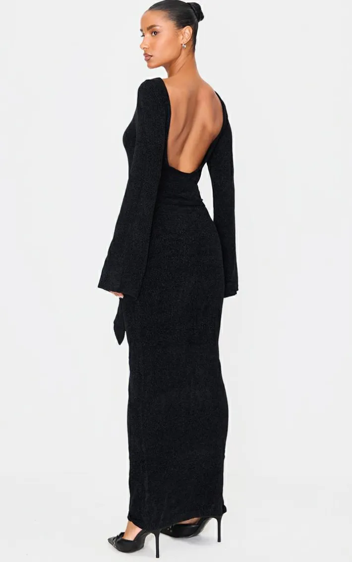 Black Soft Textured Knit Open Back Tie Waist Maxi Dress