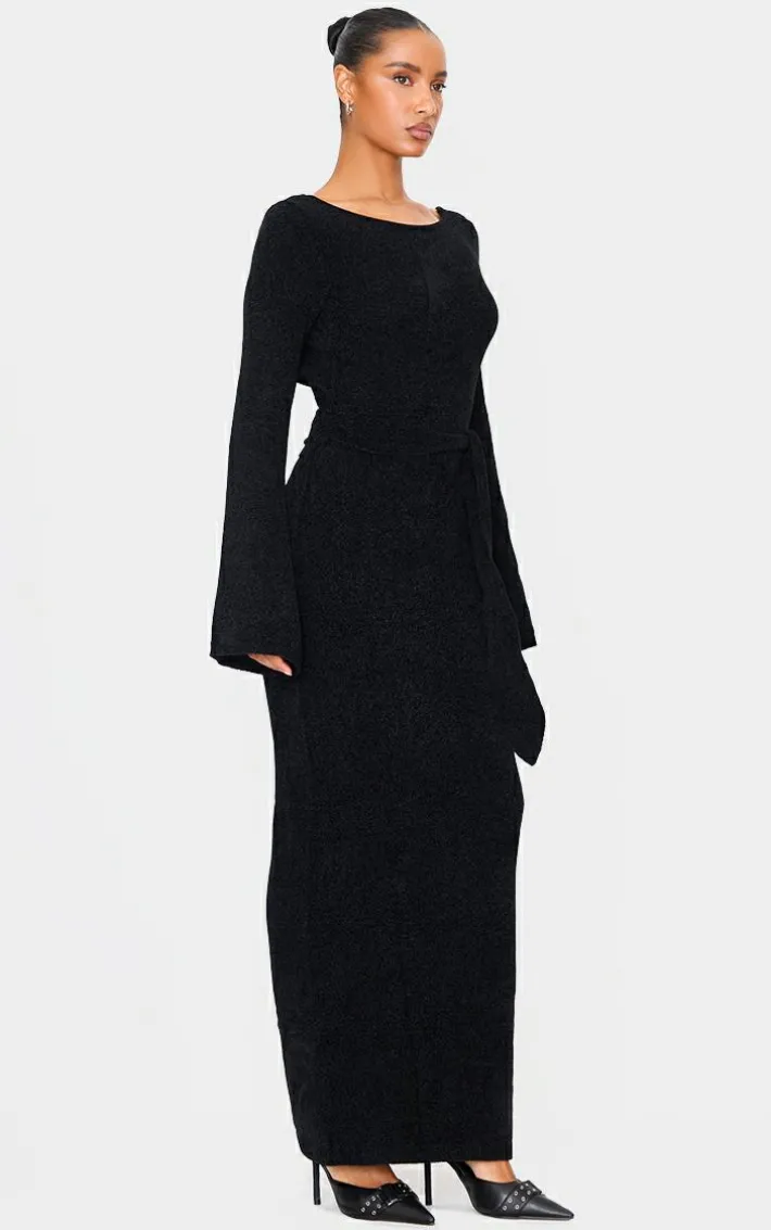 Black Soft Textured Knit Open Back Tie Waist Maxi Dress