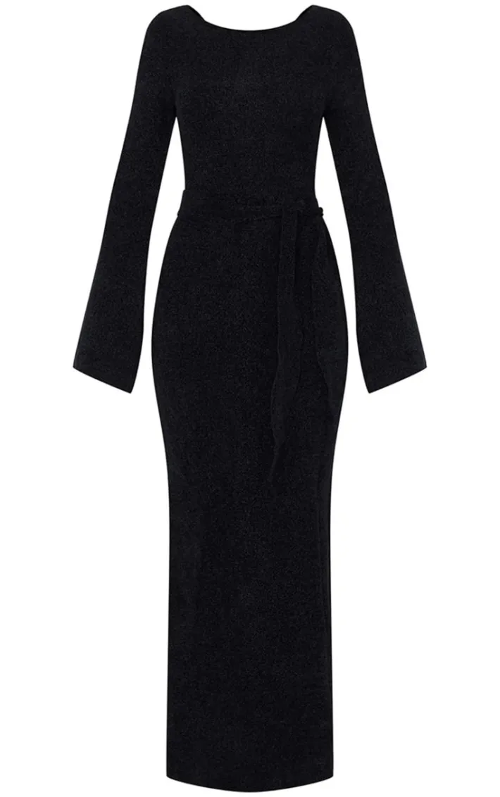 Black Soft Textured Knit Open Back Tie Waist Maxi Dress
