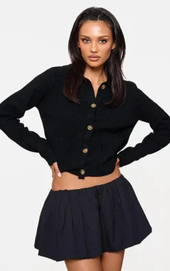 Black Soft Textured Knit Button Up Collar Detail Cardigan
