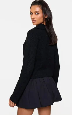 Black Soft Textured Knit Button Up Collar Detail Cardigan