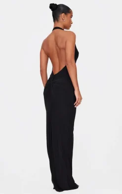 Black Soft Touch Cowl Neck Twist Back Detail Maxi Dress