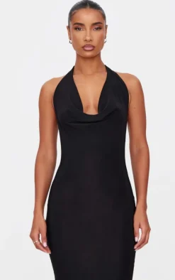 Black Soft Touch Cowl Neck Twist Back Detail Maxi Dress